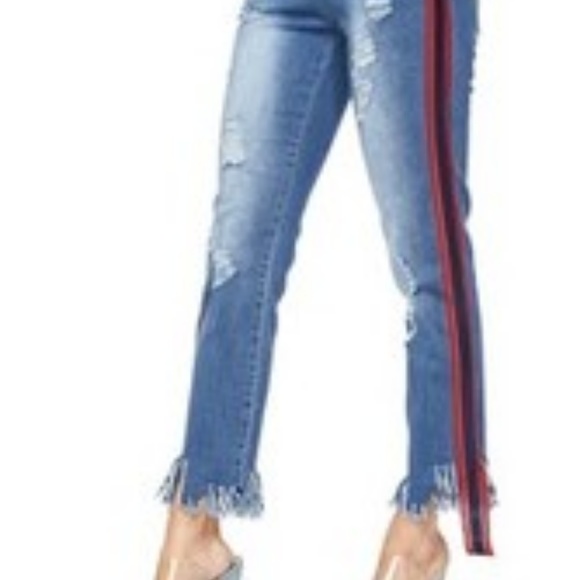 Wise Jewels Denim - Red Stripe Distressed Fringed Jeans Juniors